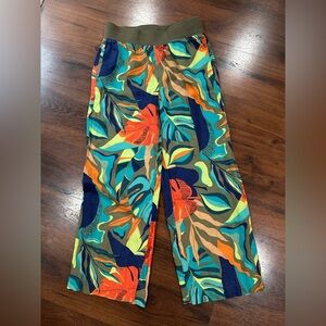 Soft Surroundings Tropical Linen Pants Wide Leg Floral Leaf Print Sz M
